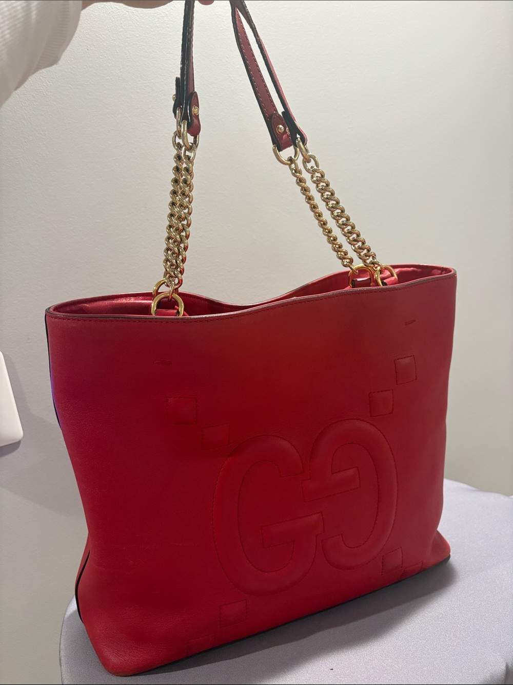 Gucci Red Quilted GG Logo Tote with Gold Chain Handles